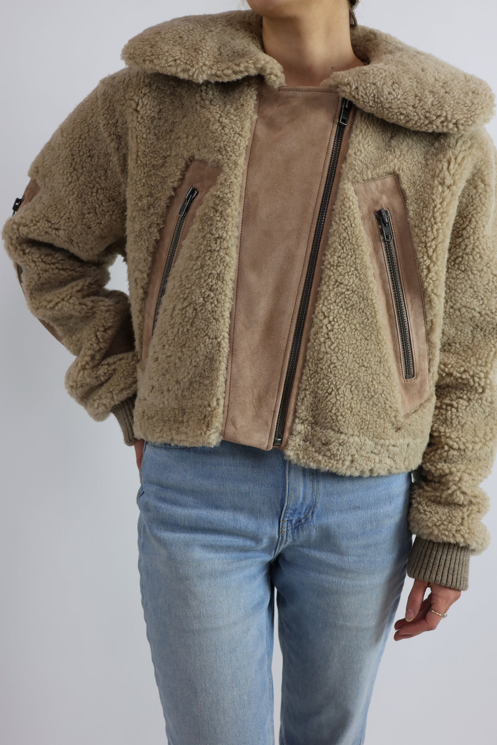 Unisex Cropped Shearling & Suede Leather Jacket
